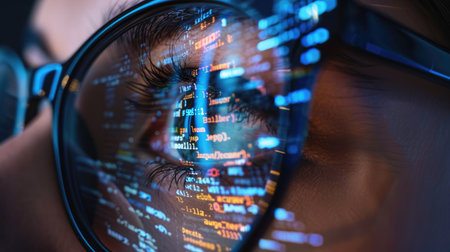 A programmer's eye behind glasses reflecting code, demonstrating the role of AI in modern office work.の素材