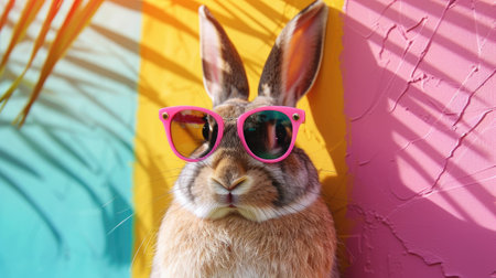 Bunny in trendy sunglasses in front of a bold, colorful backdrop, creating a lively and fashionable atmosphere.の素材