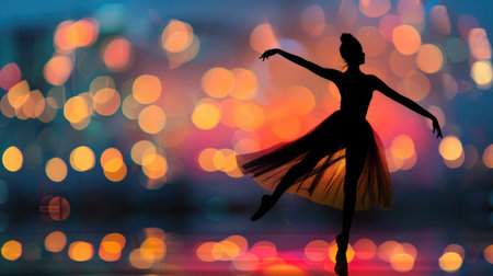 Capture the elegance and grace of dance with a striking silhouette against a vibrant, atmospheric backdropの素材