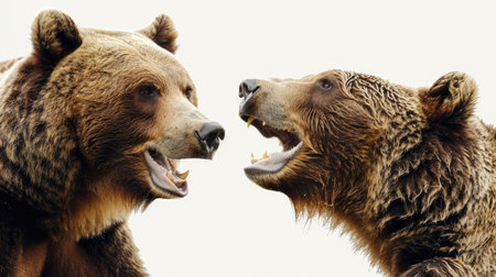 Close-up of bears in playful stances, capturing their curious and gentle nature against a white backgroundの素材