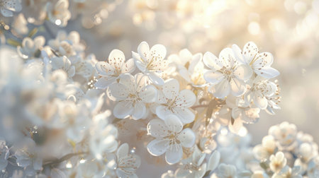White flowers blossoming in the morning light, creating a serene and ethereal atmosphere.の素材