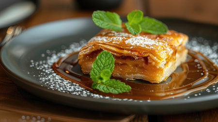 A beautifully plated strudel slice, garnished with fresh mint leaves and a drizzle of caramel sauce, ready to be enjoyed.の素材