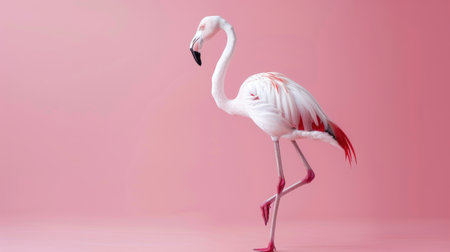 A graceful flamingo standing on one leg against a soft pastel pink background, creating a serene and elegant scene.の素材