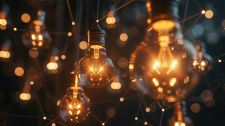 Interconnected, illuminated light bulbs against a dark backdrop, showcasing the transformative power of innovative ideas in businessの素材