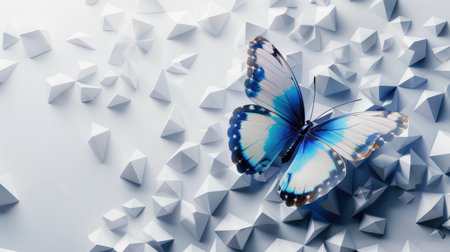 A striking blue and white 3D butterfly on a modern poster background, with a mix of geometric shapes and soft shadows.の素材