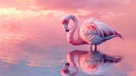 A flamingo preening its feathers, standing in shallow water, with a pastel-colored sky reflected in the water.の素材