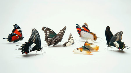 Butterflies interacting, some feeding and others resting, all positioned on a bright white background.の素材