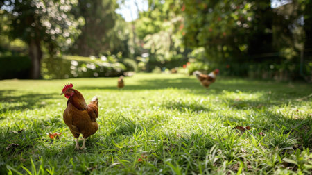 Happy chickens exploring a spacious yard filled with grass and vegetation, enjoying their free-range lifestyleの素材
