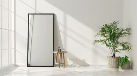 Black and white minimalist bedroom featuring a large mirror, sleek dressing table, vibrant green plant, and wooden stoolの素材