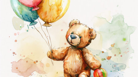 Capture the innocence of baby teddy bears with balloons in a beautiful watercolor illustration setの素材