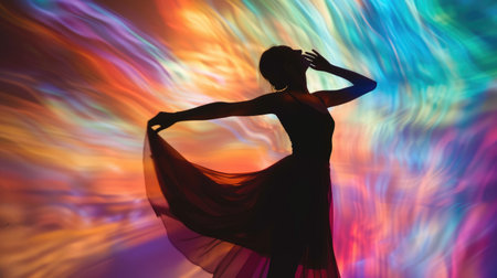 Experience the magic of motion with a dancer's silhouette against a dynamic, abstract backgroundの素材