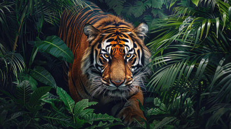 A majestic tiger prowling through a dense jungle, its vibrant stripes blending with the lush greenery.の素材