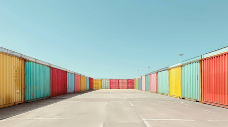 Rows of colorful containers in a spacious yard, set against a clear blue sky, symbolizing global business logistics for freight carriersの素材