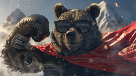 A bear with black sunglasses, a red cape flowing behind, and boxing gloves, getting ready to throw a punch.の素材