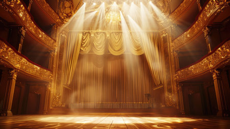 Empty classical theater with intricate golden decorations, captured from the stage with a spotlight highlighting the ornate interior.の素材