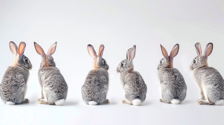 Cute rabbits in multiple poses, showcasing their fluffy tails and long ears against a clean white background.の素材