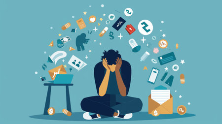 Vector illustration of a depressed man sitting with head in hands, surrounded by icons of personal and financial problemsの素材