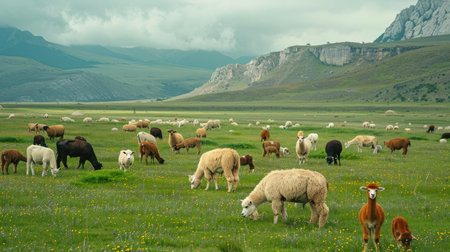 A variety of livestock animals, such as alpacas, cows, and sheep, grazing in a large, open meadowの素材
