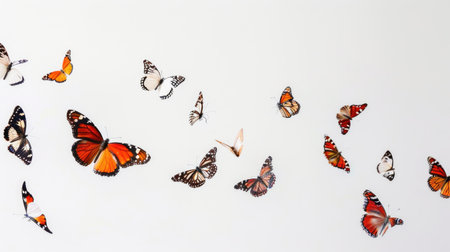 Butterflies in motion, mid-flight and mid-landing, set against a plain white background, emphasizing their eleganceの素材
