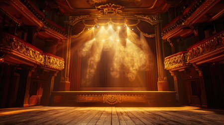 Majestic view of an empty classical theater, spotlight shining from the stage onto the golden accents and opulent interiorの素材