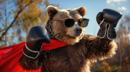 A bear wearing black sunglasses and a red cape, striking a victory pose with its boxing gloves raised highの素材