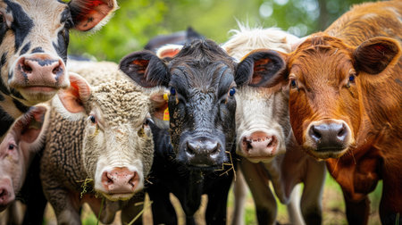 Close-up of livestock faces, including cows, sheep, and pigs, displaying their unique features and personalities.の素材