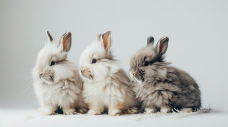 Fluffy rabbits striking different poses, highlighting their soft fur and expressive faces on a white backdropの素材