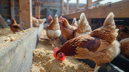 Chickens gathering around a feeding trough, showcasing communal behavior and interaction in a farm environmentの素材