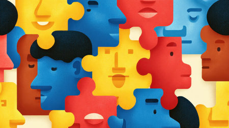 Discover a vibrant illustration showcasing colorful abstract faces interlocking like puzzle pieces, symbolizing diversity and community in a modern artistic style.の素材