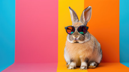 Fashionable bunny in sunglasses posing in front of a bright, multicolored background, perfect for a playful vibe.の素材