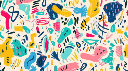 Seamless composition of lighthearted colorful doodles in artistic minimalist style, featuring uncomplicated childish scribble artworkの素材