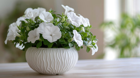 White flowers in a stylish white pot, creating a tranquil and refined atmosphere.の素材