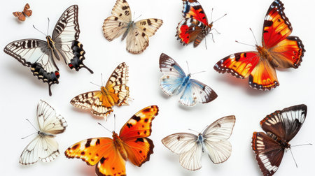 An array of butterflies displaying natural behaviors, from flying to resting, on a pure white background.の素材