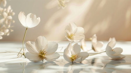 White flowers on a pastel floor, offering a peaceful and elegant composition with ample space for text.の素材