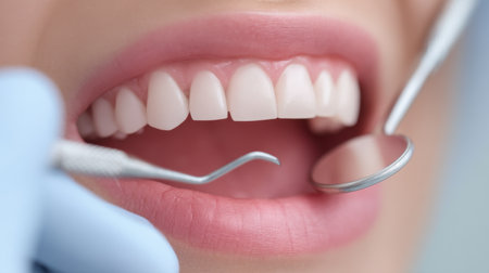 A close-up view showcasing a patient's mouth during a dental examination, highlighting professional instruments for oral care and promoting dental hygiene awareness.の素材