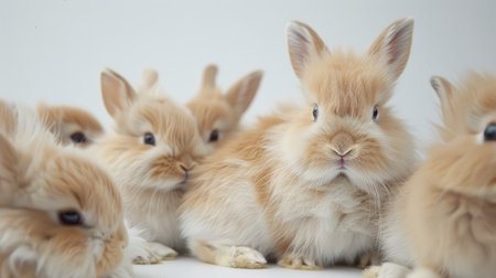 Fluffy rabbits striking different poses, highlighting their soft fur and expressive faces on a white backdropの素材