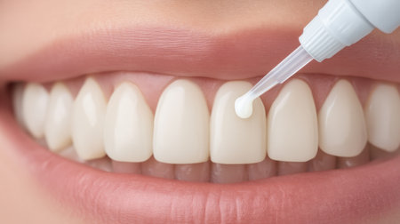 A close-up of a person mouth showing bright, white teeth as a whitening treatment is applied with a dropper, highlighting dental care and aesthetic enhancement.の素材