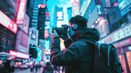 Fictional character holding a futuristic camera, celebrating World Photography Day in a cityscapeの素材