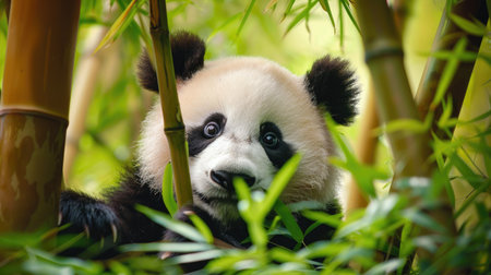 Catch the adorable moment as a curious panda pops out from behind bamboo, leaving space for your message.の素材