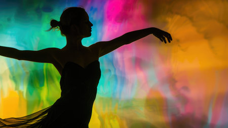 Capture the essence of movement and rhythm with a dancer's silhouette against a colorful backgroundの素材
