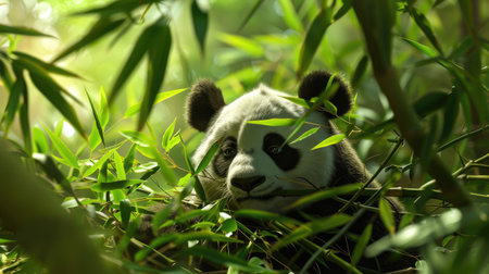 Enchanting encounter! A panda curiously emerges from bamboo, leaving room for your message to enchantの素材