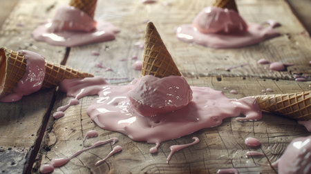 Dive into the whimsical world of melting ice cream cones on a rustic wooden tabletop--a summer indulgence.の素材