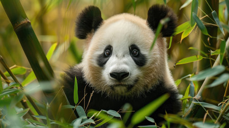 Catch the adorable moment as a curious panda pops out from behind bamboo, leaving space for your message.の素材