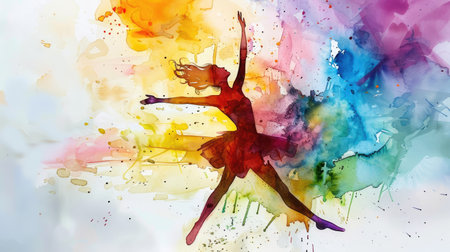 A colorful watercolor illustration depicting a dancer lost in the music, celebrating movement and joy.の素材