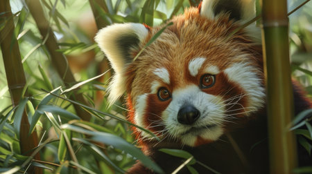 Peek-a-boo! A playful red panda emerges from behind bamboo, inviting your message into its whimsical worldの素材