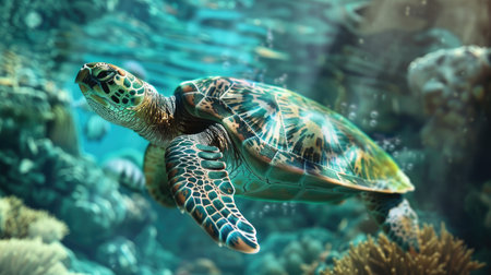 A majestic sea turtle glides gracefully against a stunning underwater backdrop, showcasing the beauty of marine lifeの素材