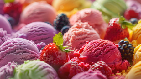 Take a visual journey through a colorful heap of ice cream delights, each scoop topped with plump, tantalizing berriesの素材