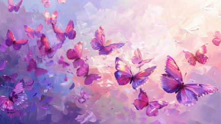 Delight in the charm of pink and purple butterflies set against a bright, clear sky in this stunning painting.の素材