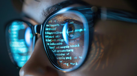 A programmer's eye behind glasses reflecting code, demonstrating the role of AI in modern office work.の素材