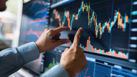 Cropped image of a skilled business team discussing stock investing, pointing at analytical charts showing up and down trendsの素材